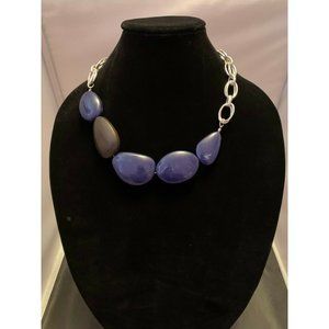 Silver Tone 4 Blue 1 Brown Chunky Stone Rock Silver Tone Necklace